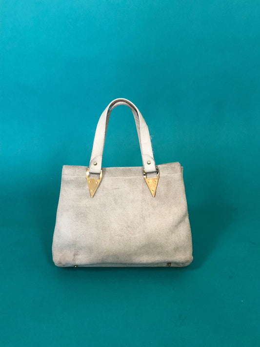 Vintage 1970s Beige Cream Suede Gold Metal Art Deco Applique Decorative Triangle Handle Handbag Purse