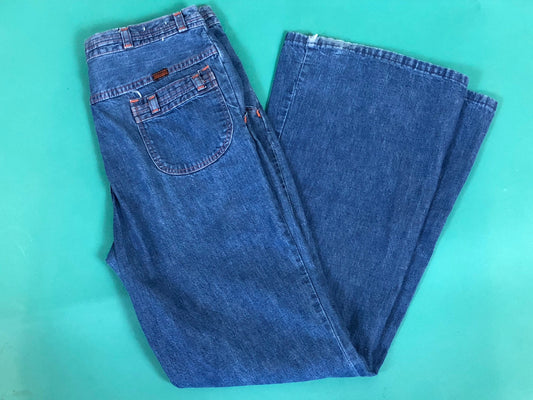Vintage 1970s 70s Hip Hugger Mid Waist Wrangler Decorative Back Pocketed Denim Blue Jeans Waist 33 size 14