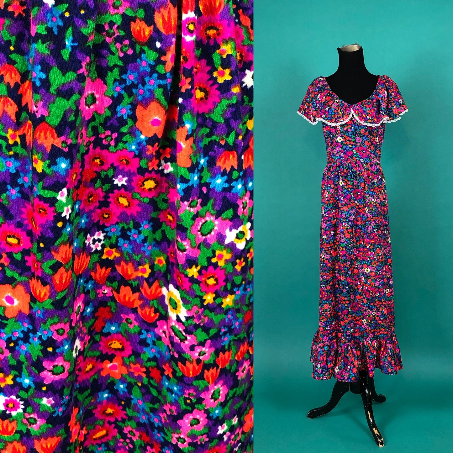 Vintage 1970s Bright Flower Ruffled Collar Lace Empire Long Hippie Maxi Dress size Small