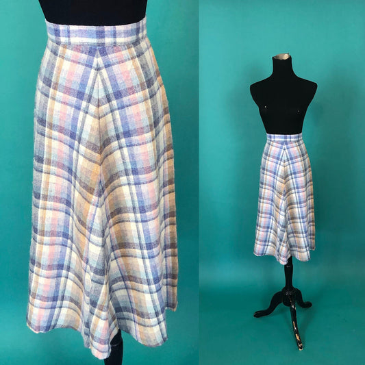 Vintage 1950s 50s White Pastel Pink Purple Carmel Tartan High Waisted Circle Skater Poodle Below the Knee Wool Skirt size XS