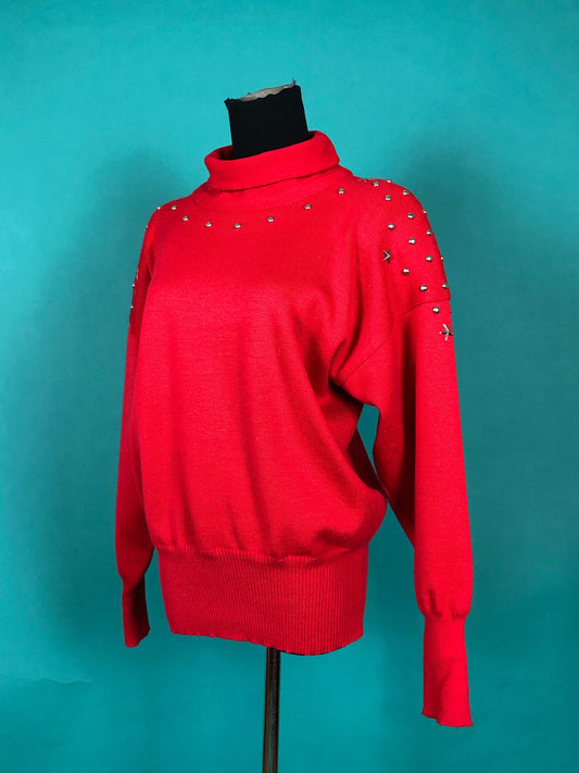Vintage 1980s 80s Red Studs and Stars Batwing Turtleneck Cozy Holiday Long Sleeve Shoulder pads Meister Pullover Sweater Sweatshirt size M/L
