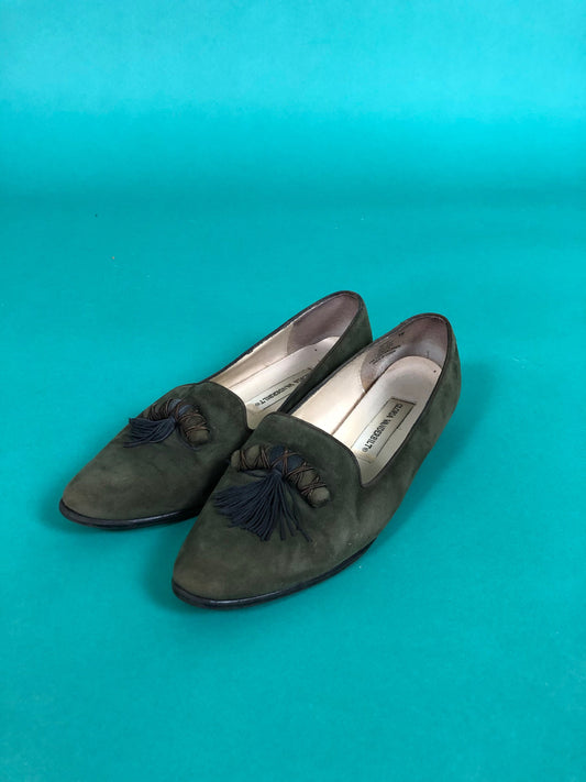 Green Suede Loafers Vintage 80s Gloria Vanderbilt Olive Green Micro Tassel Oxford Penny Loafers size 8M