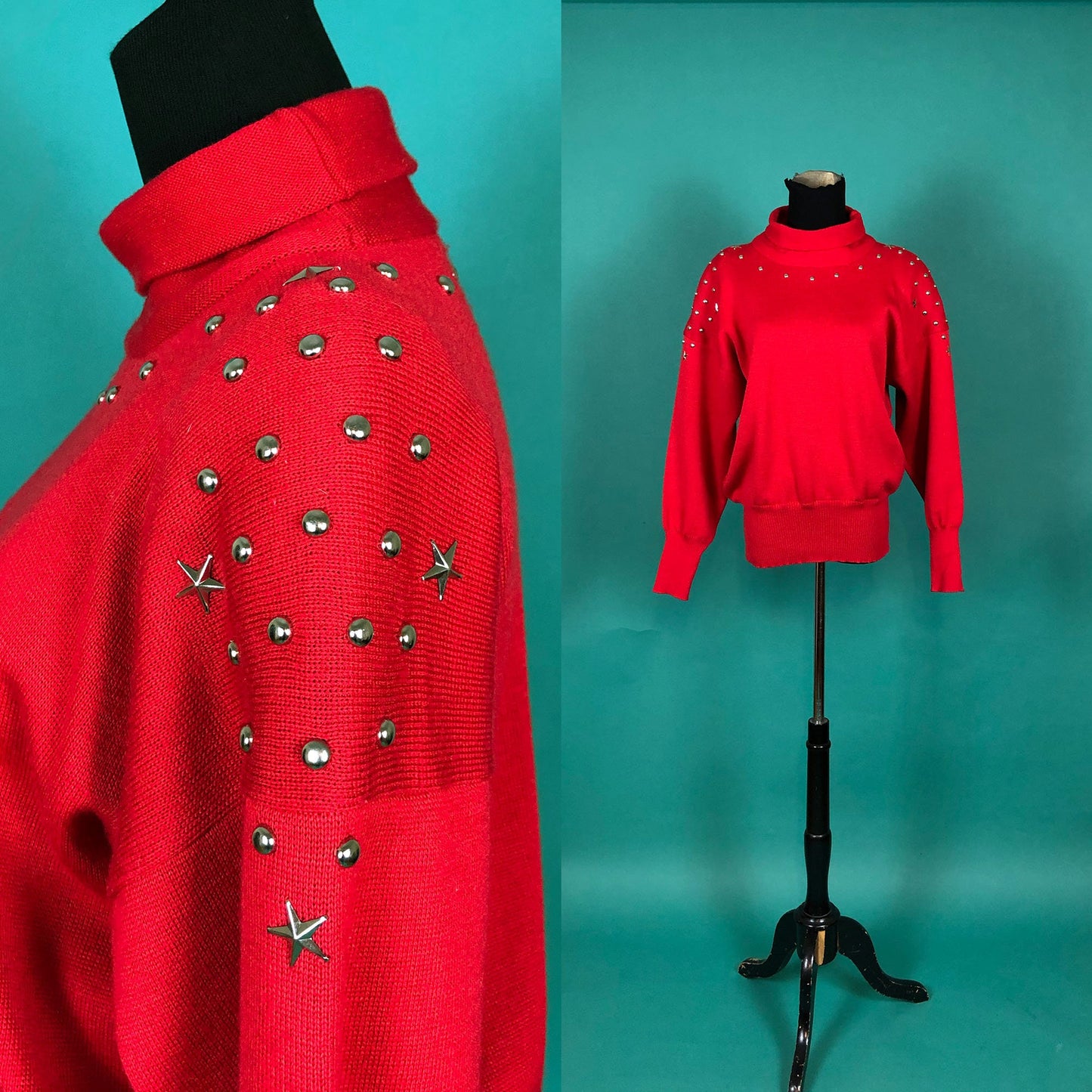 Vintage 1980s 80s Red Studs and Stars Batwing Turtleneck Cozy Holiday Long Sleeve Shoulder pads Meister Pullover Sweater Sweatshirt size M/L