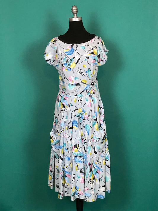 Vintage 1950s 50s Blue Yellow Pink Watercolor Abstract Floral Bucket Pocket Cap Sleeve A line Tent Dress size Large
