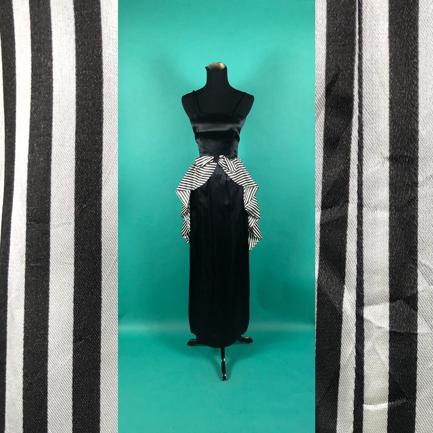 Vintage 1960s 60s Breakfast At Tiffanys Square Neck Spaghetti Strap Pencil Slitted Black Dress with Striped Bow Overskirt size XXS/ XS