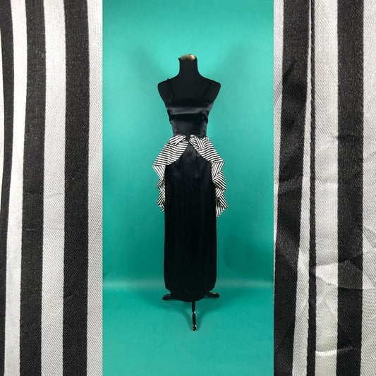 Vintage 1960s 60s Breakfast At Tiffanys Square Neck Spaghetti Strap Pencil Slitted Black Dress with Striped Bow Overskirt size XXS/ XS