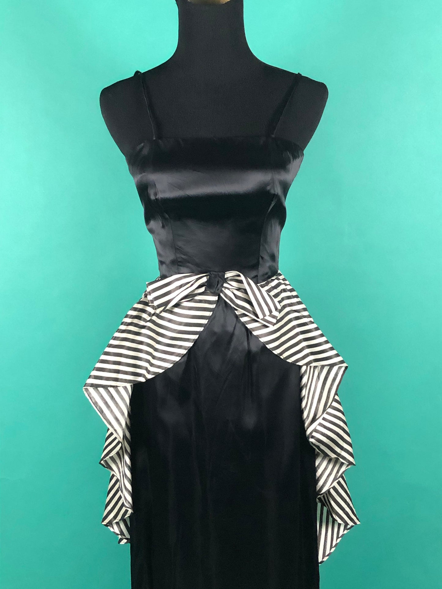 Vintage 1960s 60s Breakfast At Tiffanys Square Neck Spaghetti Strap Pencil Slitted Black Dress with Striped Bow Overskirt size XXS/ XS