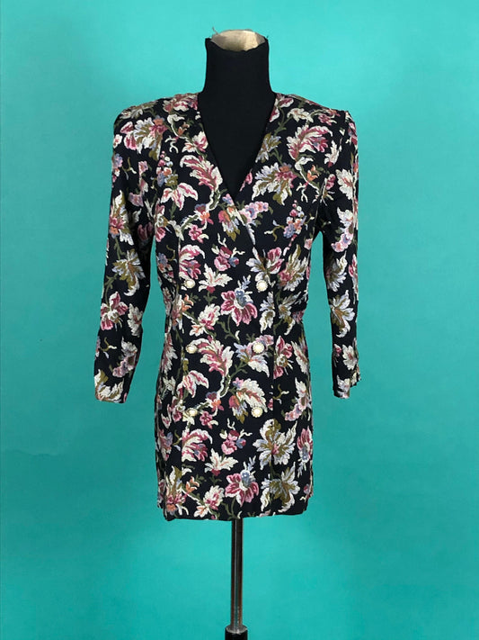 Vintage 90s Floral Double Breasted Quarter Sleeve Shoulder Pad Lightweight Kwai Petites Jacket Dress size S