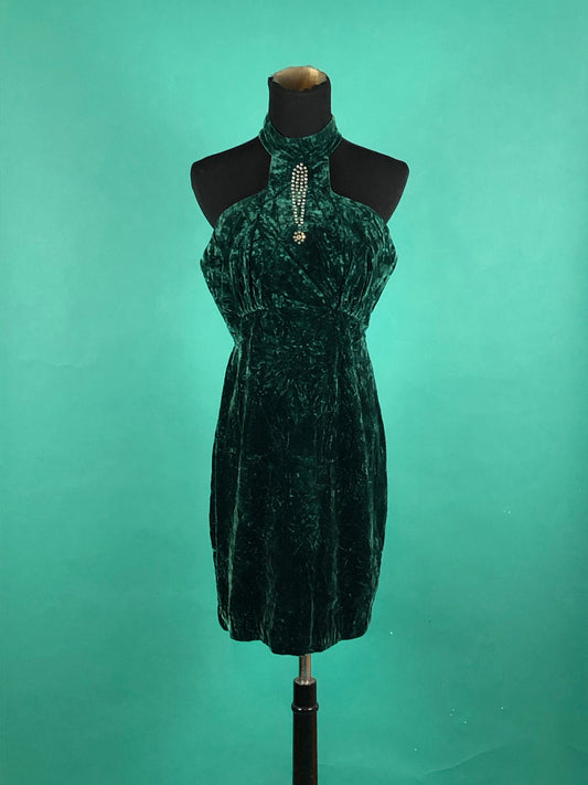 Vintage 1970s 70s Forest Green Crushed Velvet Holiday Christmas Formal Sleeveless Turtleneck Rhinestone Exclamation Point Sheath Dress sz M