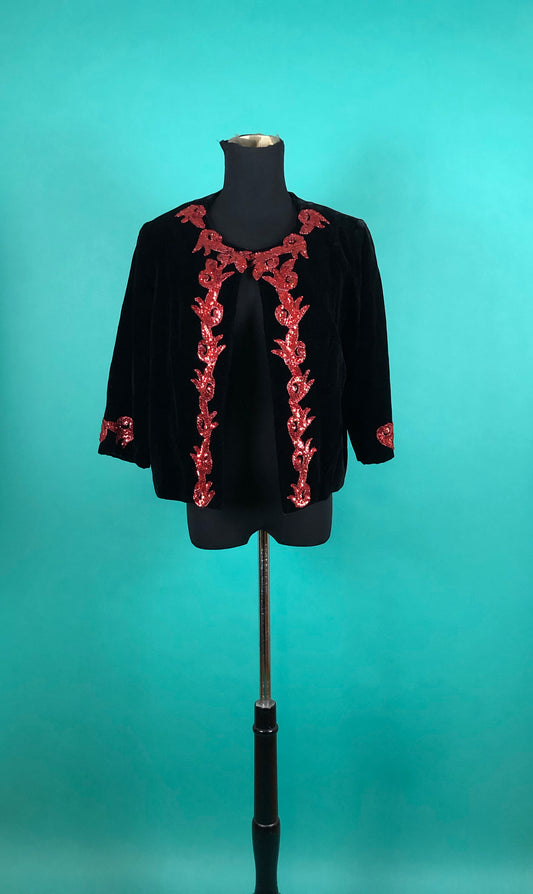 Vintage 1970s 70s Crushed Black Velvet and Red Sequins Trim Quarter Sleeve Formal Cardigan size Large