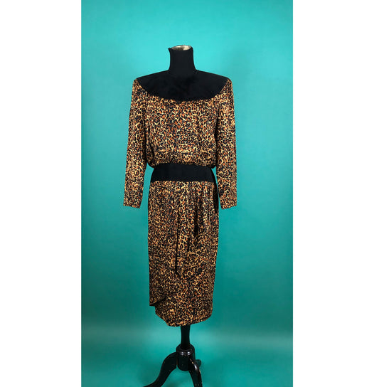 Vintage 1980s 80s Silk Leopard 40s Inspired Print and Black Suede Long Sleeve Shoulder Pad Ruffled Skirt Blouson Dress size 10