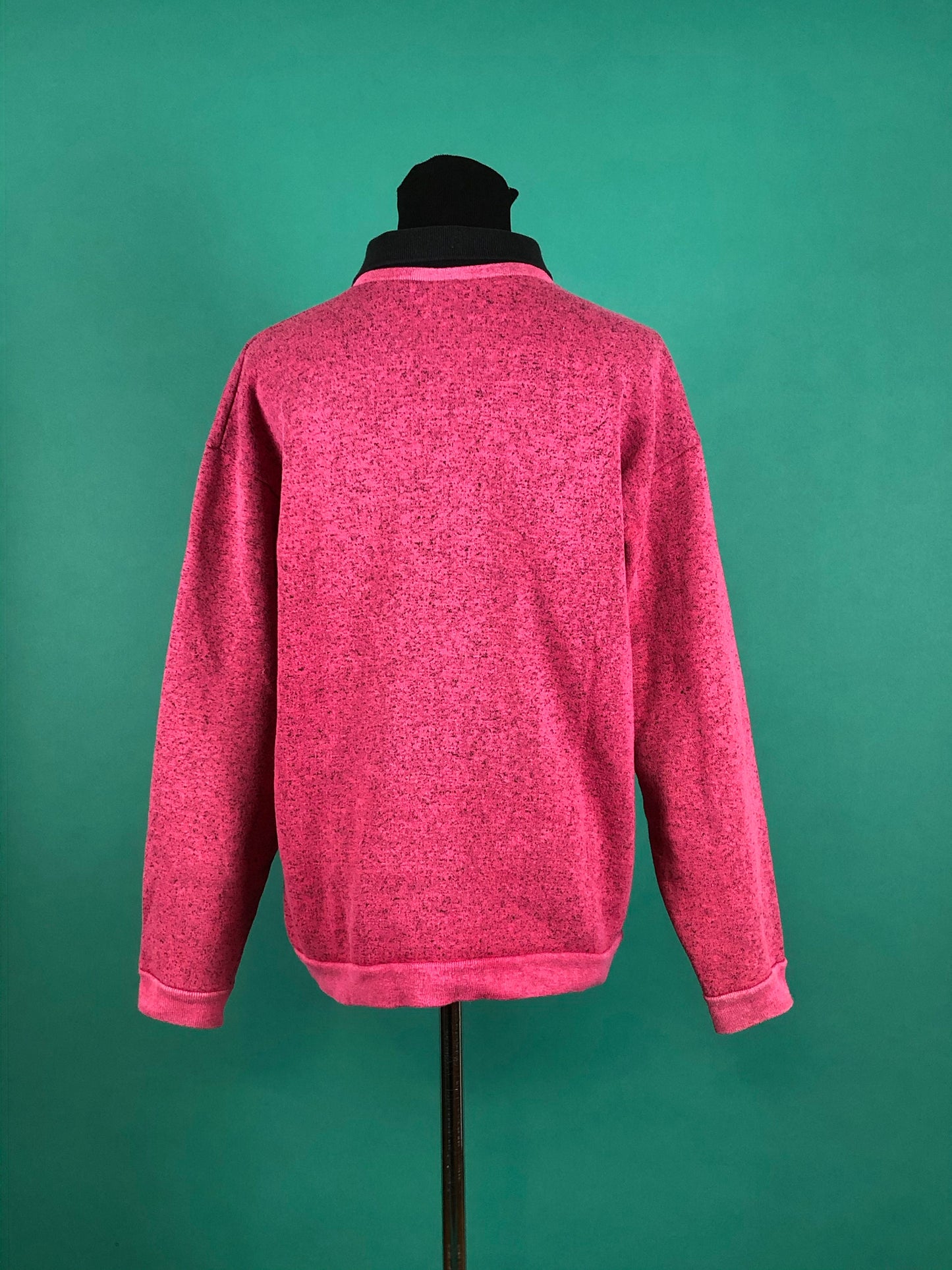 Vintage 1980s 80s Speckled Hot Pink Black Peter Pan Collared Ultra Fleece 220 Long Sleeve Pullover Sweater size Medium