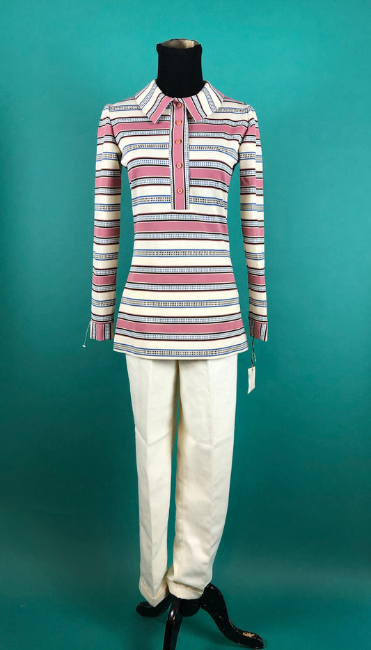 Vintage 1970s 70s Wing Tip Pastel Striped Long Sleeve Fitted Button Up Collar Modern Junior Polyester Blouse size 5