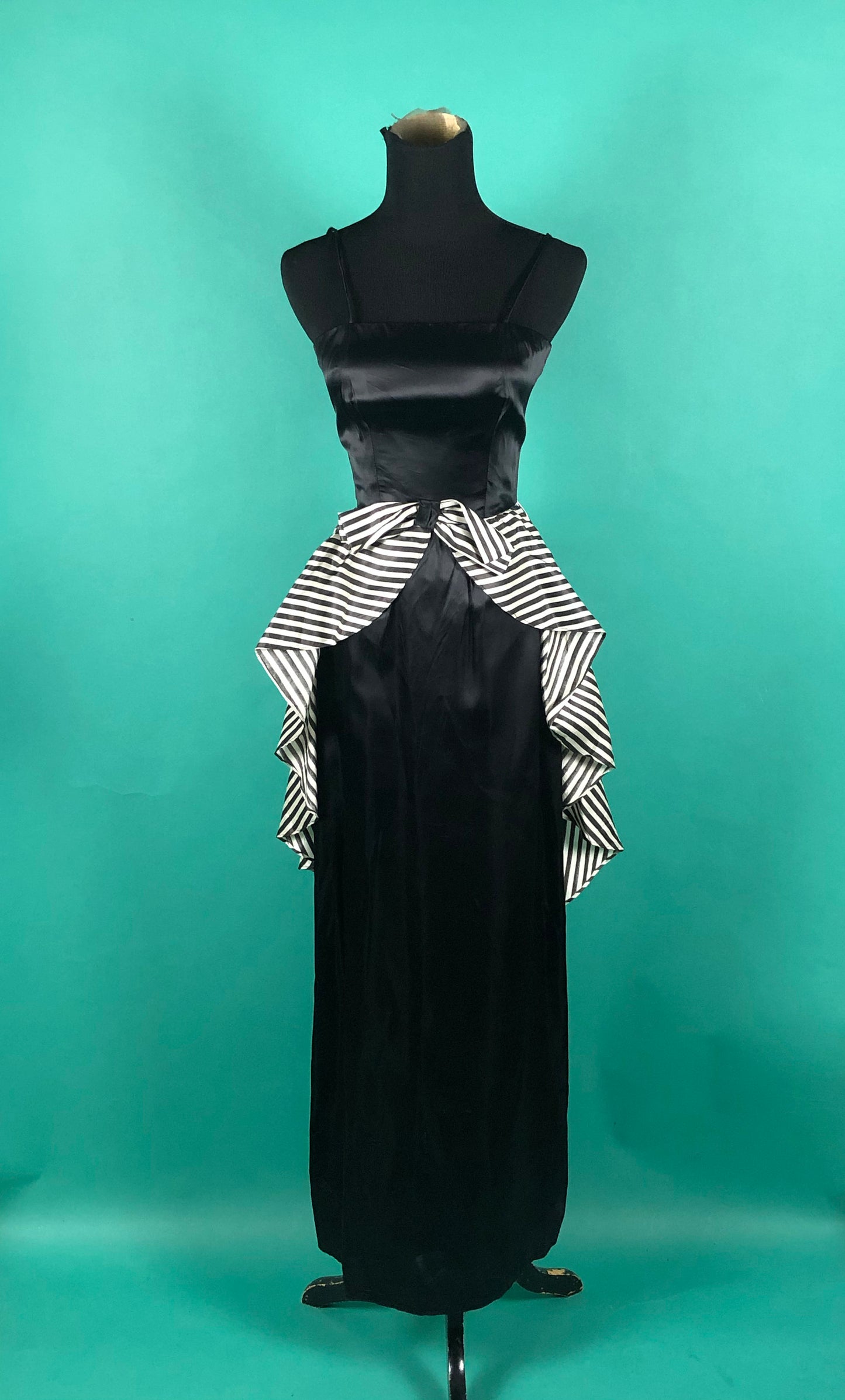Vintage 1960s 60s Breakfast At Tiffanys Square Neck Spaghetti Strap Pencil Slitted Black Dress with Striped Bow Overskirt size XXS/ XS