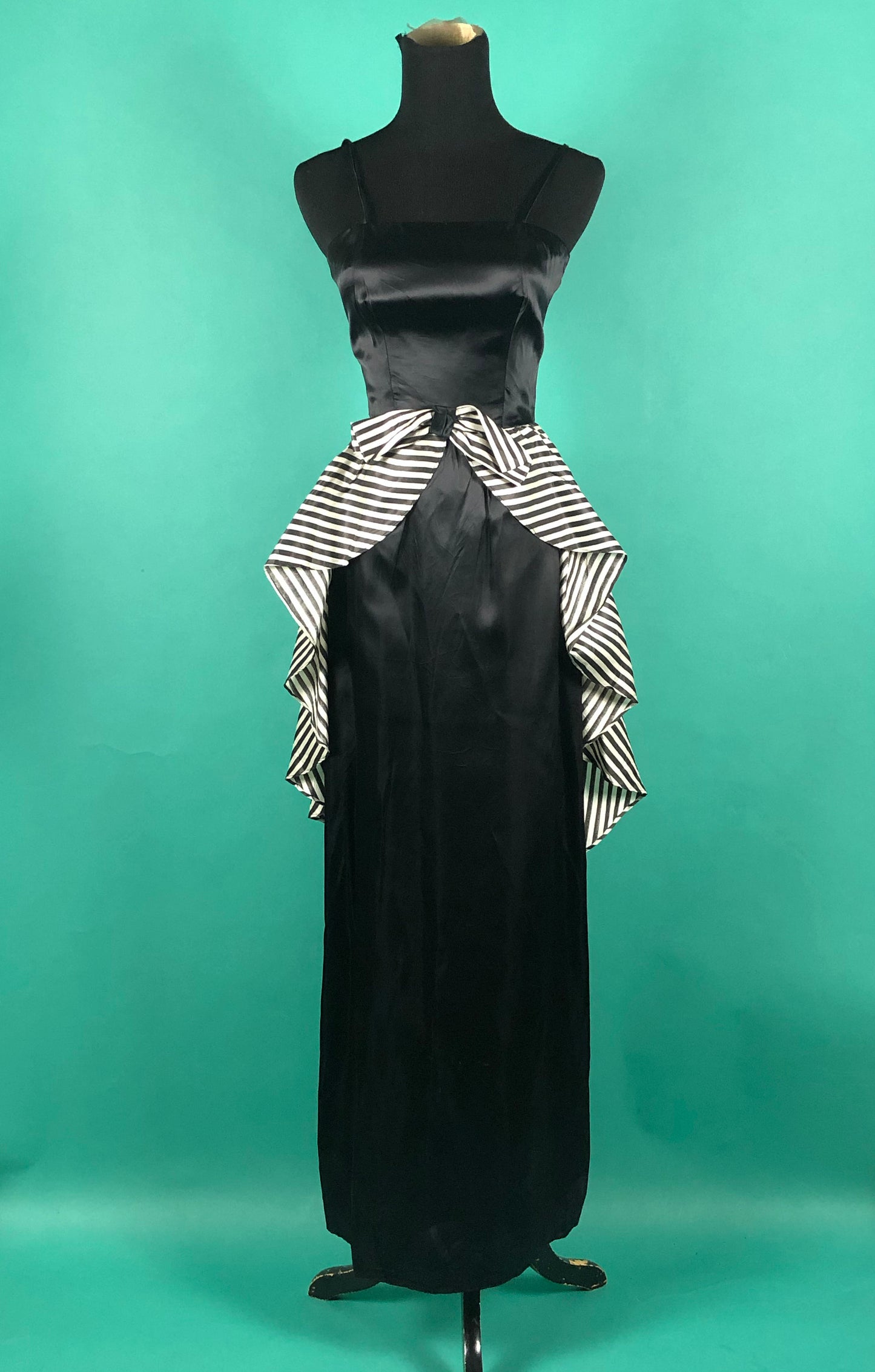 Vintage 1960s 60s Breakfast At Tiffanys Square Neck Spaghetti Strap Pencil Slitted Black Dress with Striped Bow Overskirt size XXS/ XS