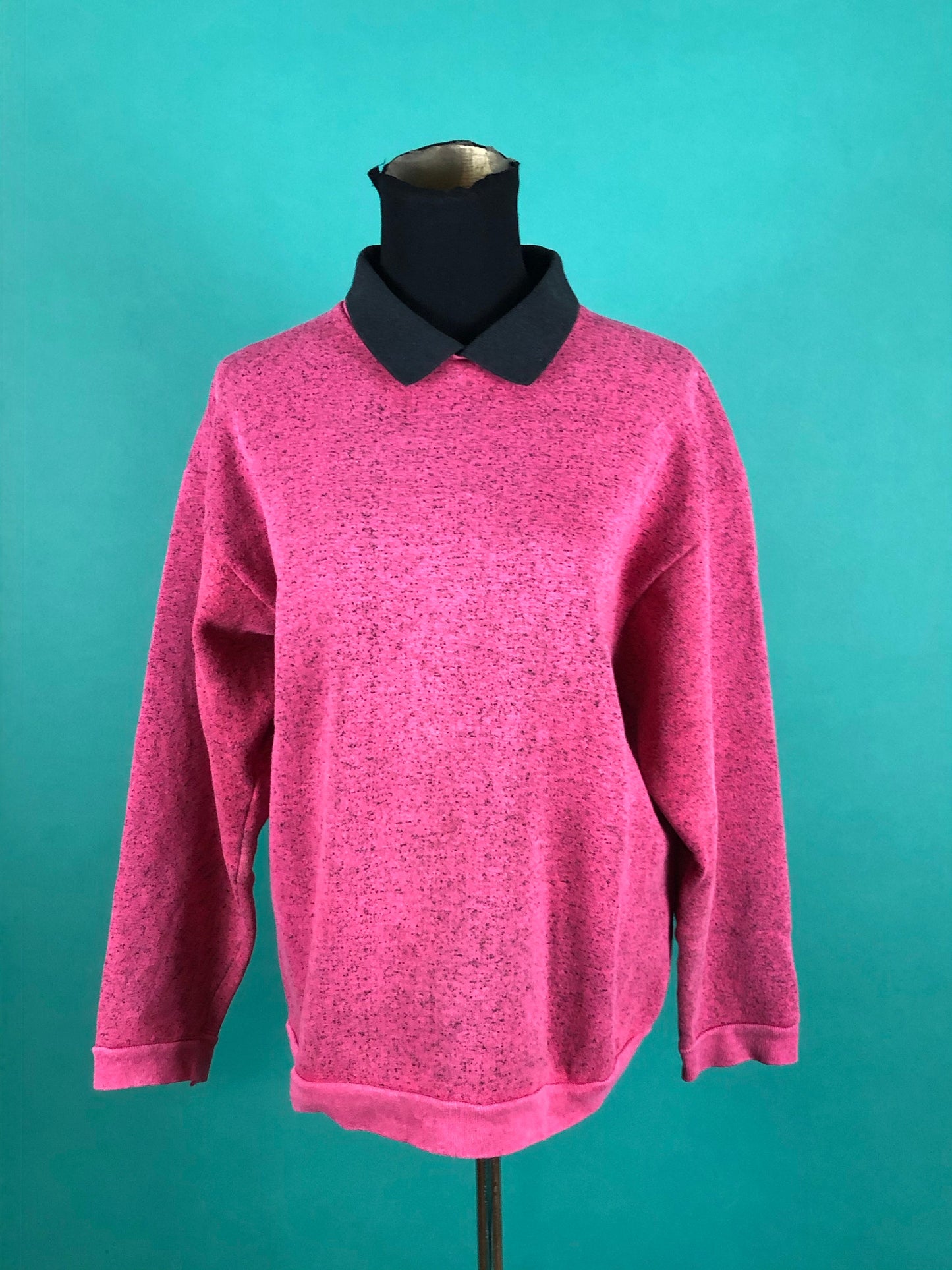 Vintage 1980s 80s Speckled Hot Pink Black Peter Pan Collared Ultra Fleece 220 Long Sleeve Pullover Sweater size Medium
