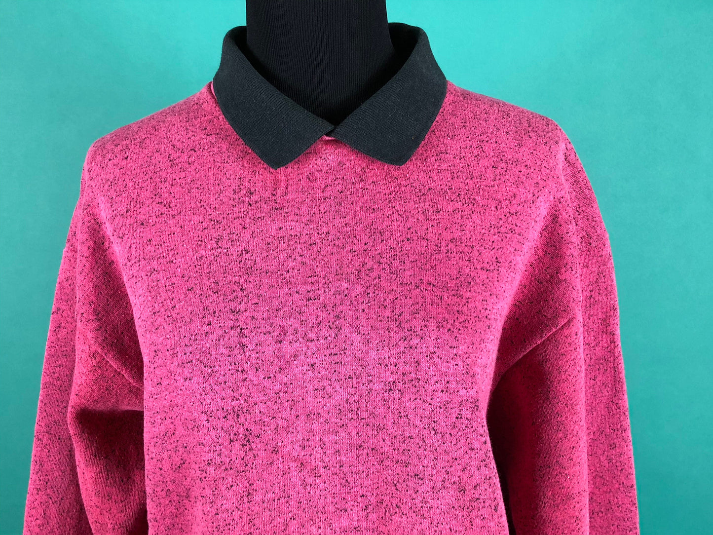 Vintage 1980s 80s Speckled Hot Pink Black Peter Pan Collared Ultra Fleece 220 Long Sleeve Pullover Sweater size Medium