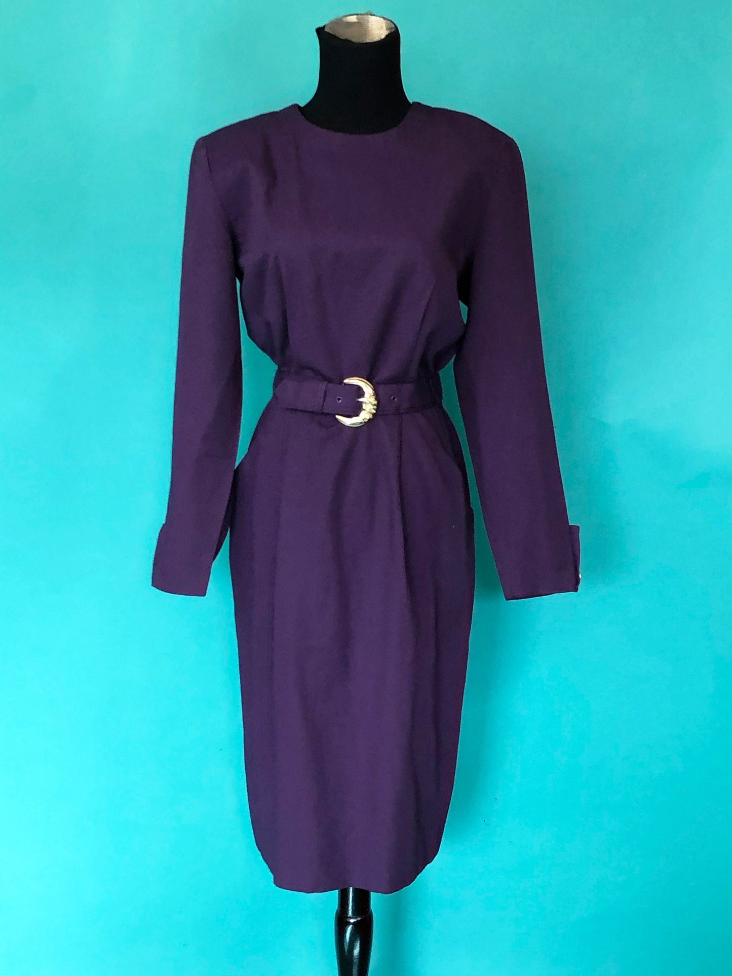 Eggplant Purple Secretary Dress Vintage 80s Long Sleeve Clues Collections Pocketed Blouson Pencil Belted Midi Dress size 8