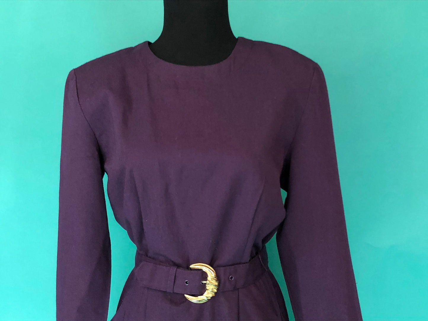 Eggplant Purple Secretary Dress Vintage 80s Long Sleeve Clues Collections Pocketed Blouson Pencil Belted Midi Dress size 8