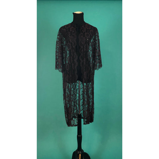 Maroon Lace Robe Vintage 70s Sheer Nightgown Floral Sexy Scallop Sleeves Tie Neck Gown size Medium