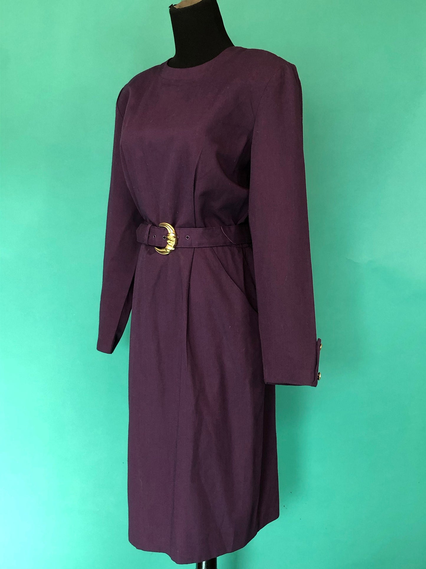 Eggplant Purple Secretary Dress Vintage 80s Long Sleeve Clues Collections Pocketed Blouson Pencil Belted Midi Dress size 8
