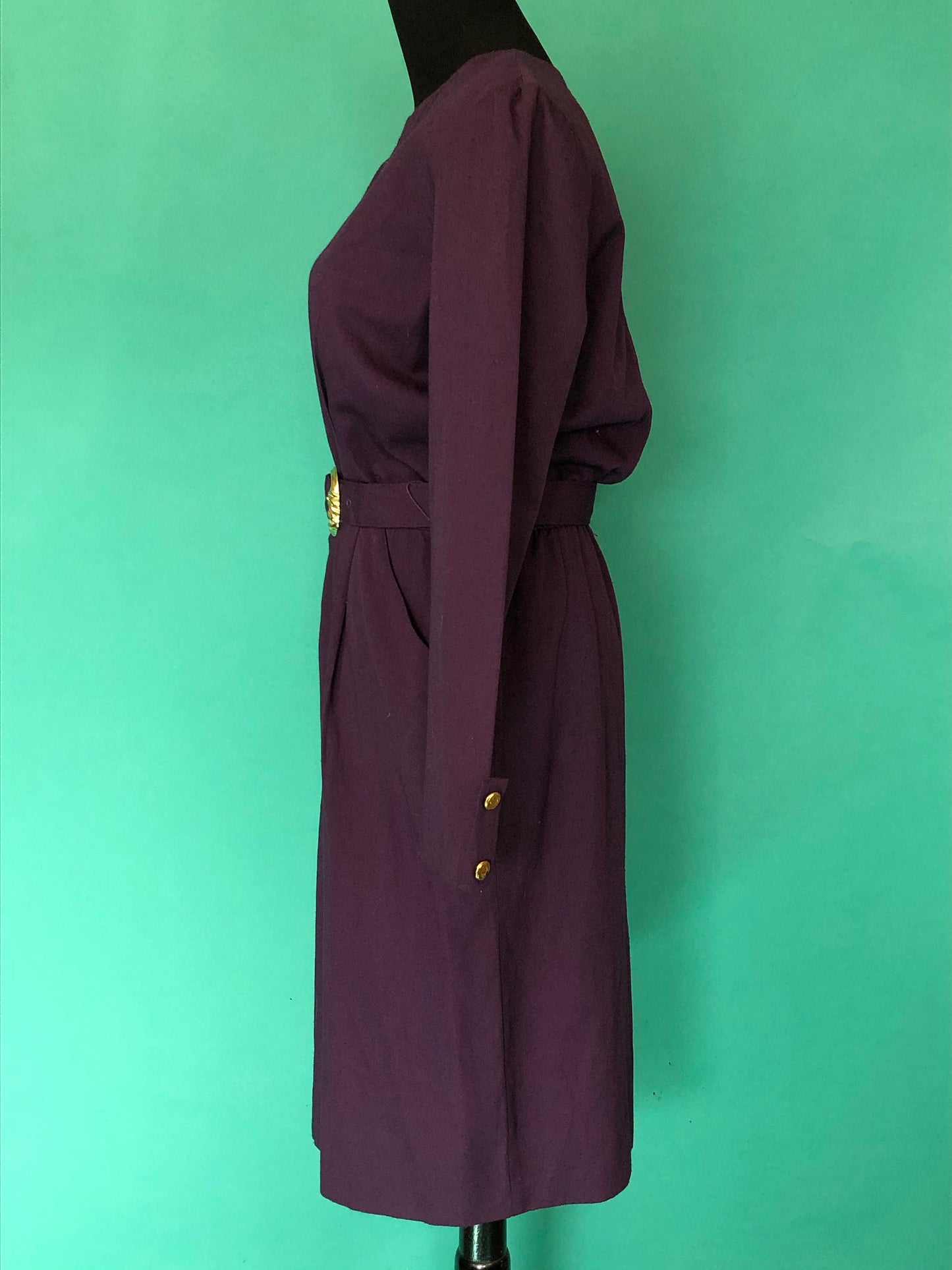 Eggplant Purple Secretary Dress Vintage 80s Long Sleeve Clues Collections Pocketed Blouson Pencil Belted Midi Dress size 8