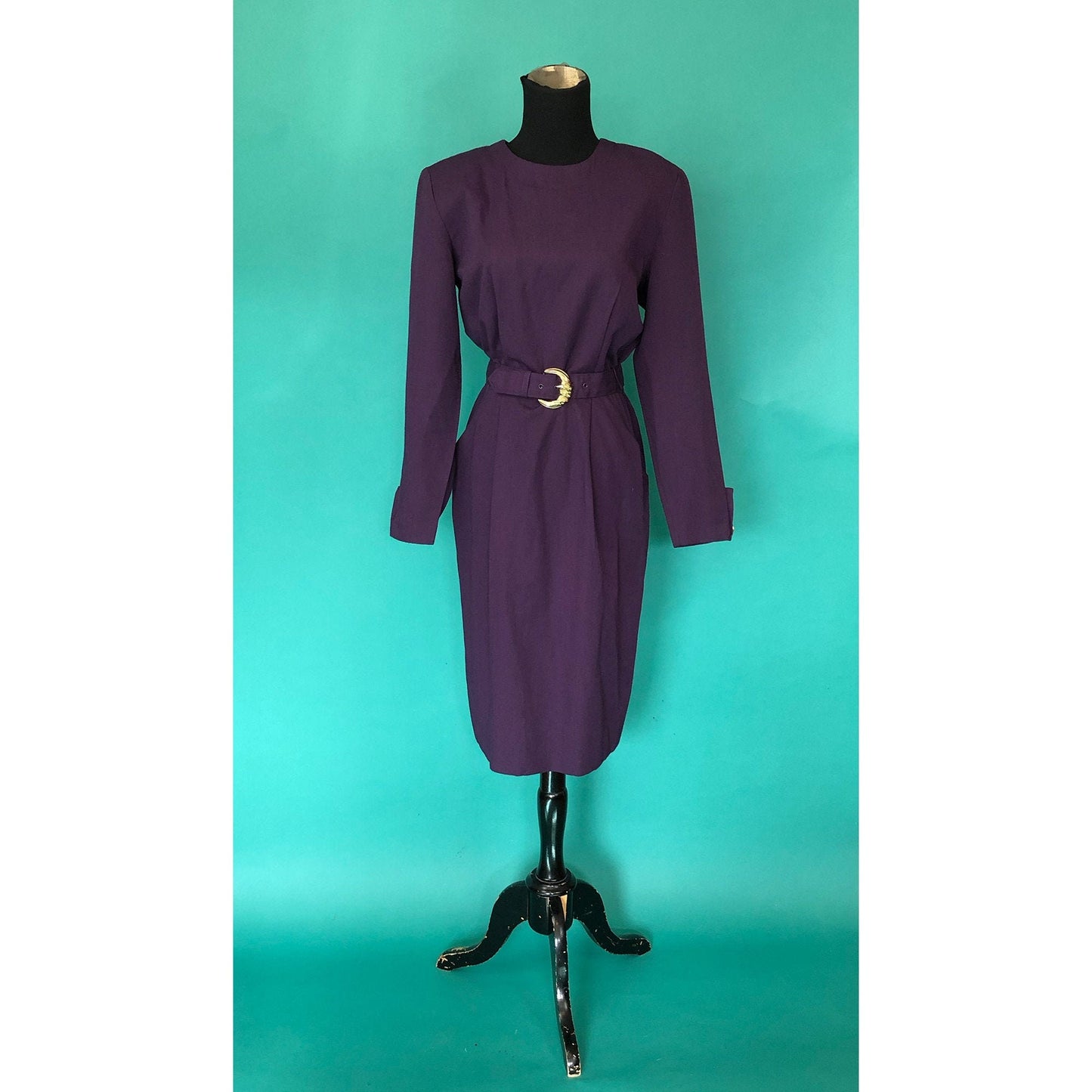 Eggplant Purple Secretary Dress Vintage 80s Long Sleeve Clues Collections Pocketed Blouson Pencil Belted Midi Dress size 8