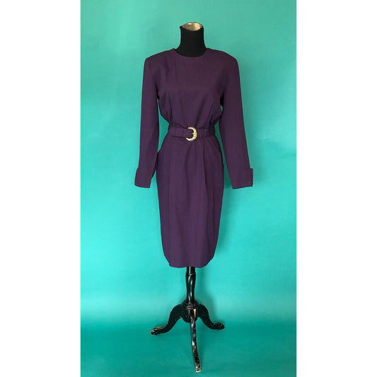 Eggplant Purple Secretary Dress Vintage 80s Long Sleeve Clues Collections Pocketed Blouson Pencil Belted Midi Dress size 8