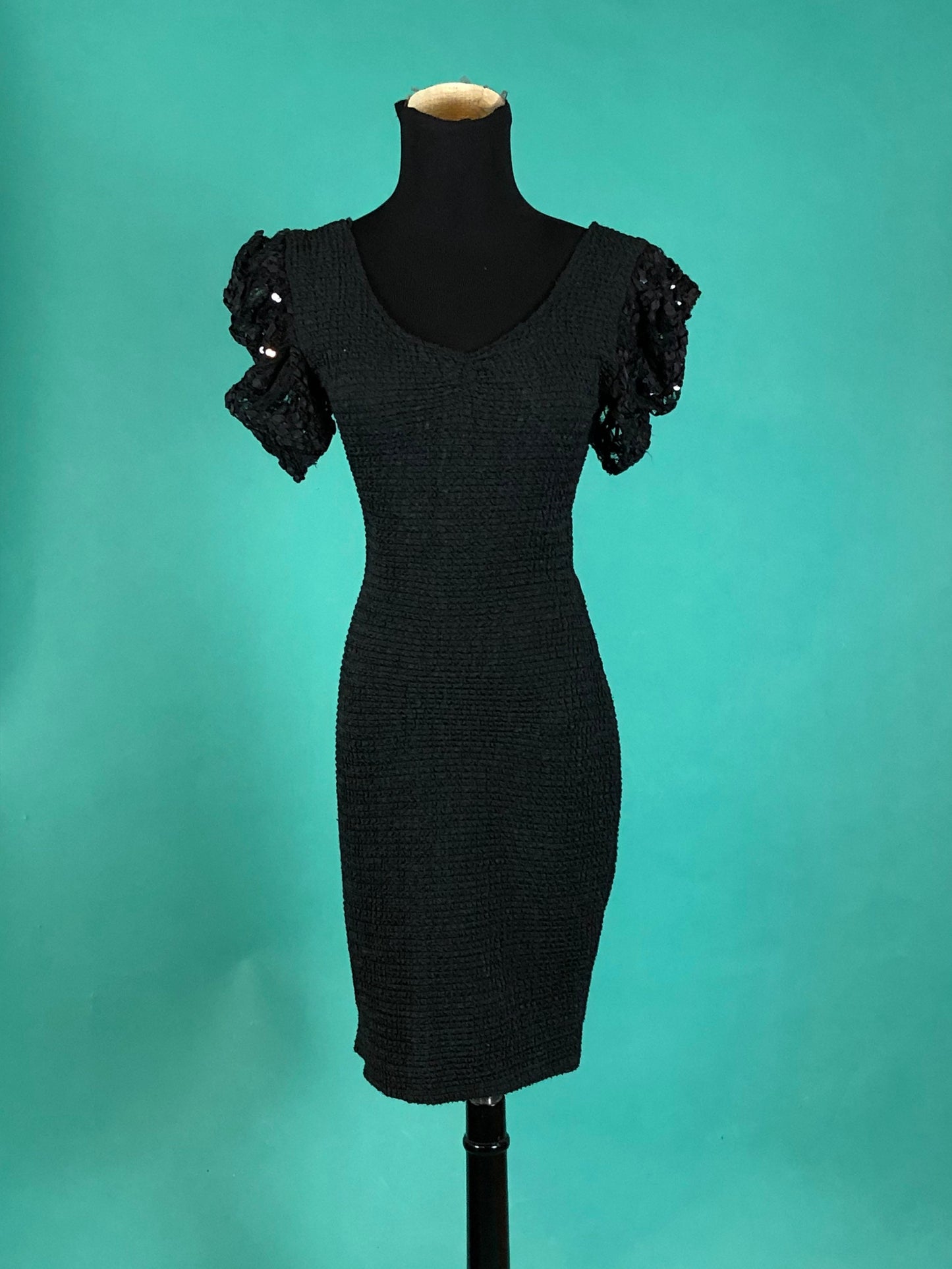 Lace Sequins LBD Vintage 90s Fitted Puff Sleeve stretch Mini Skirt Little Black Dress size Small