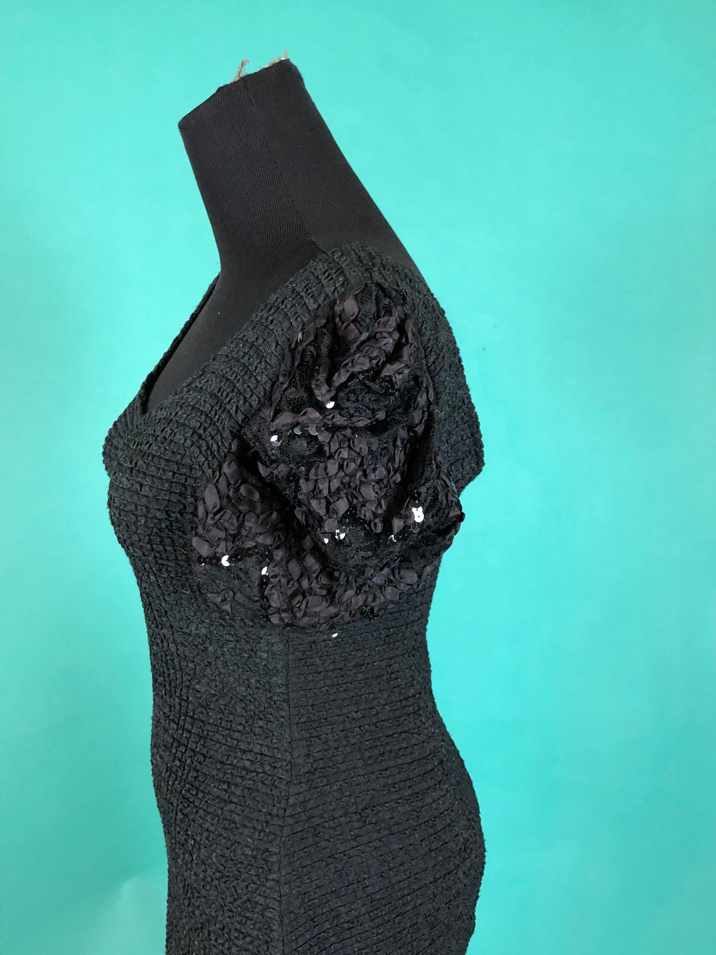 Lace Sequins LBD Vintage 90s Fitted Puff Sleeve stretch Mini Skirt Little Black Dress size Small
