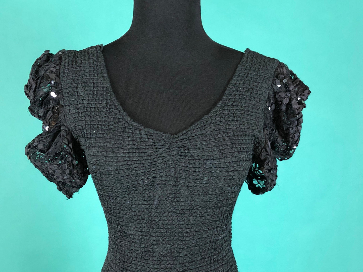 Lace Sequins LBD Vintage 90s Fitted Puff Sleeve stretch Mini Skirt Little Black Dress size Small