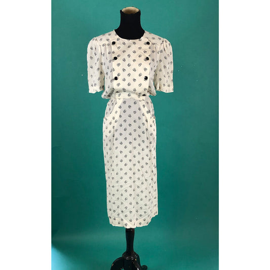 Albert Nipon Swirl Dress Vintage 80s Double Breasted Pocketed Blouson Short Sleeve Pleated Top Dress size 6