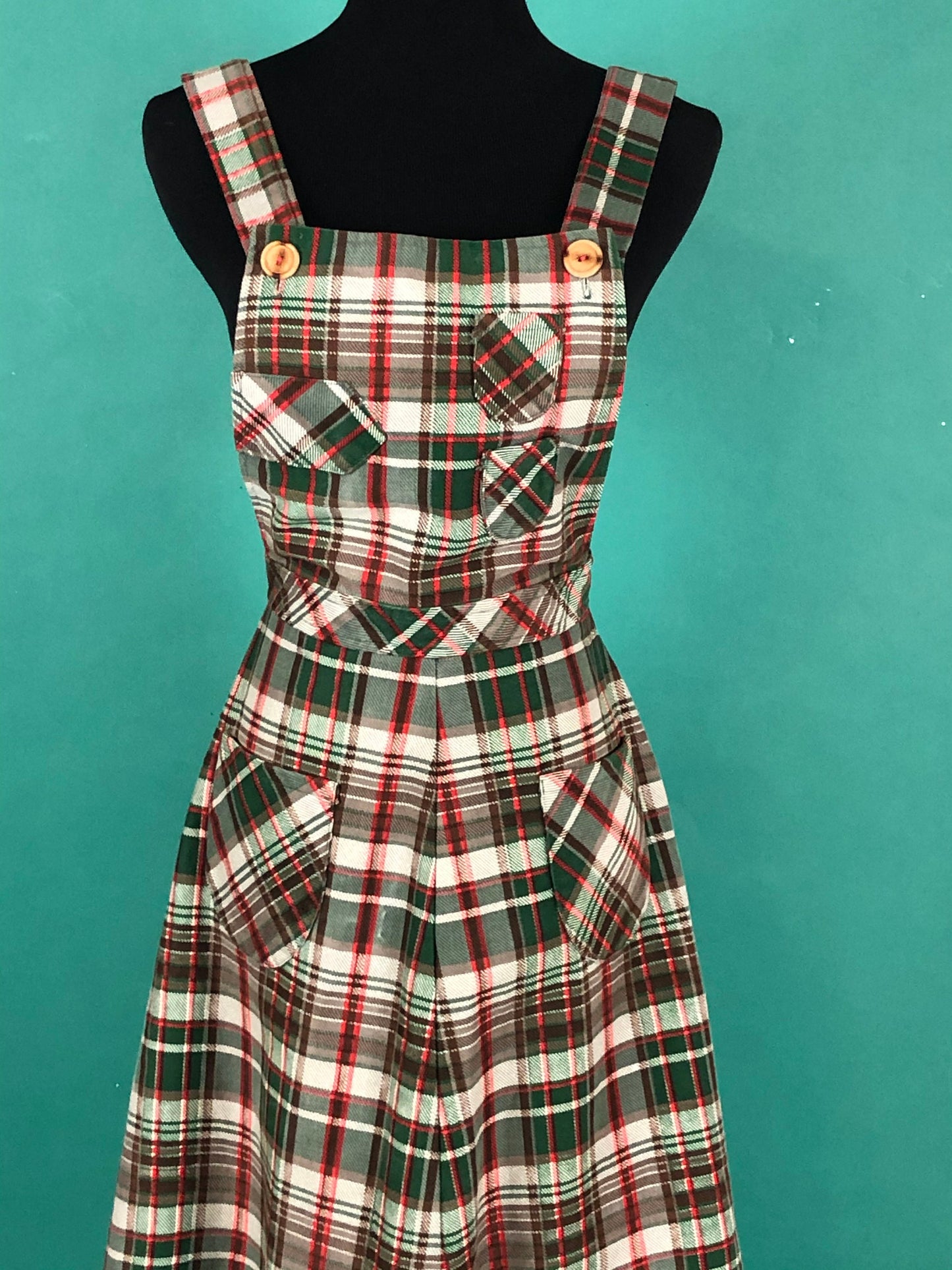 Pleated Overall Madras Plaid Jumper Vintage 70s School girl Overall Skirt Pocketed Cross Strap Apron Dress size XS