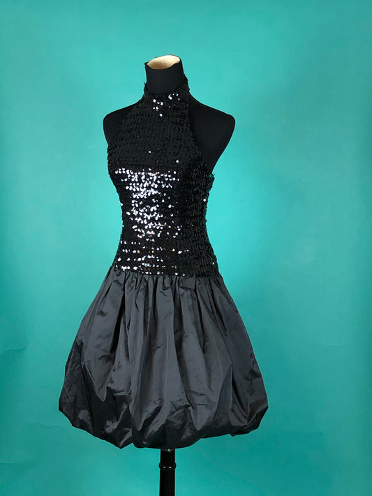 Black Sequins Halter Dress 80s Vintage Party Drop Waist Tulle Bubble Skirt Cocktail Formal Gown size 3