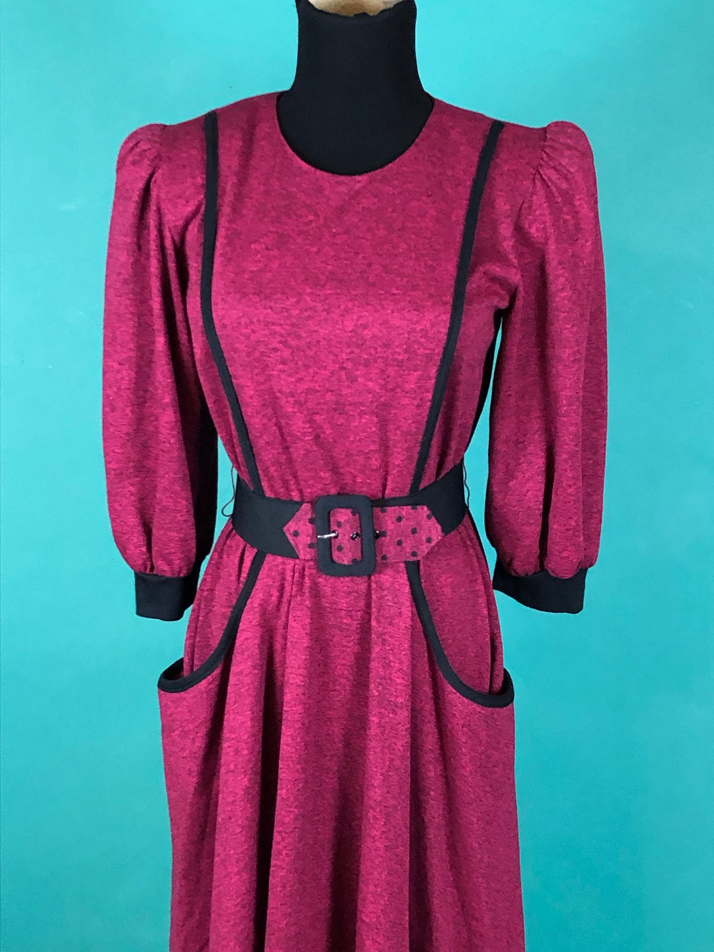 Henley Magenta and Black Midi Dress Vintage 80s Pocketer Quarter Sleeve Blouson Fit and Flare Sabino Petites Dress size 6