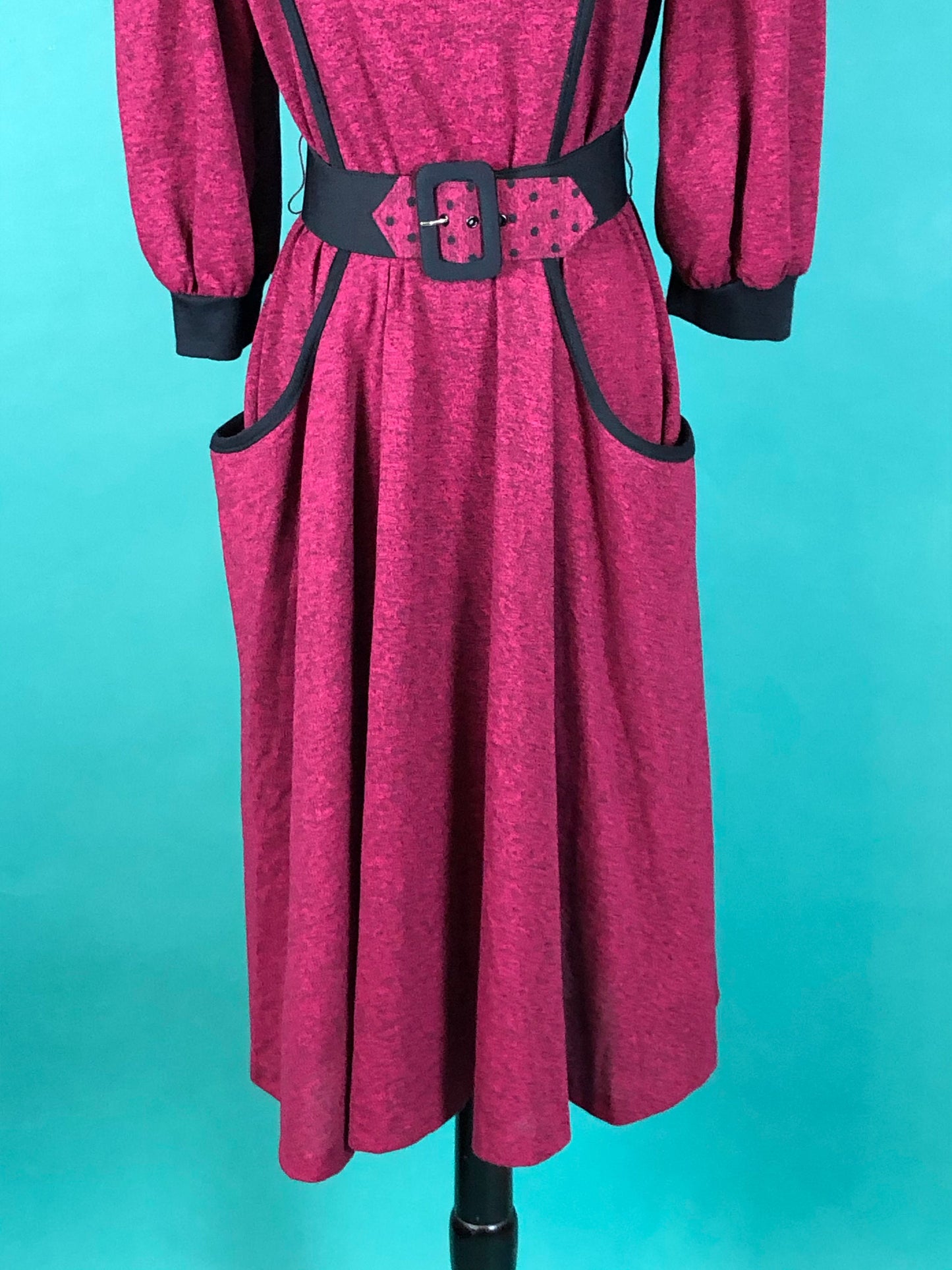 Henley Magenta and Black Midi Dress Vintage 80s Pocketer Quarter Sleeve Blouson Fit and Flare Sabino Petites Dress size 6