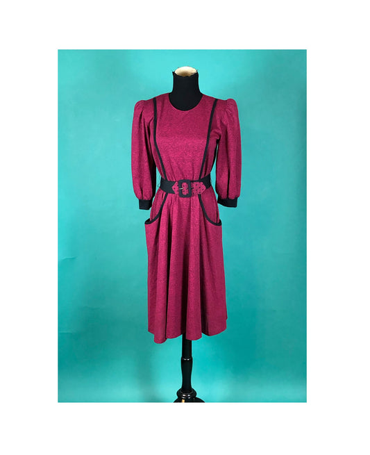 Henley Magenta and Black Midi Dress Vintage 80s Pocketer Quarter Sleeve Blouson Fit and Flare Sabino Petites Dress size 6