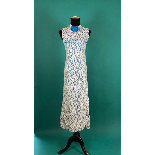 Floral Lace Empire Waist Vintage 70s Baby Blue Sleeveless Mock Neck Broach Gown Maxi Dress size XXS