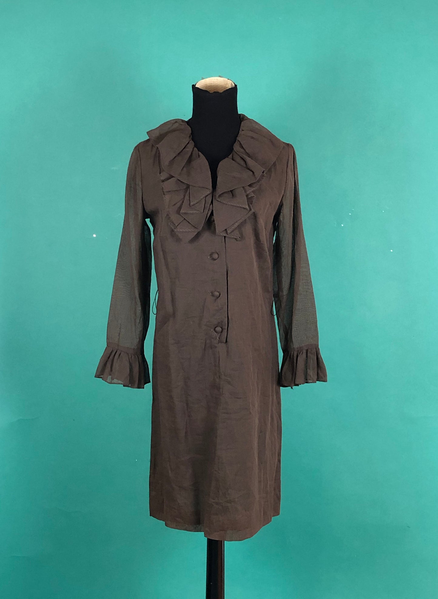 Brown Ruffled Collar Tuxedo Dress Vintage 70s Long Sheer Sleeve Belted Waist Knee Length Button Up Shift Dress size 12