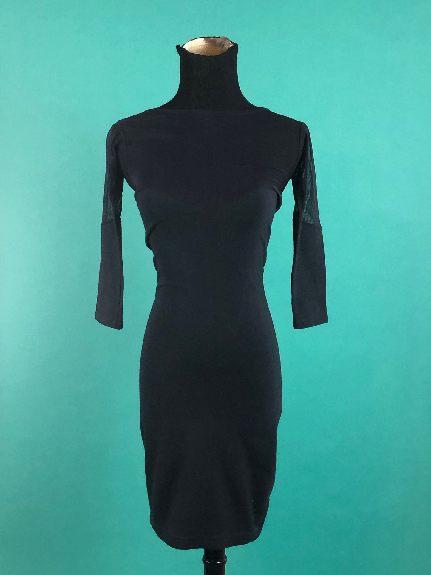 Black Cutout Sheer Sweetheart Dress Vintage 90s Bodycon Fly Girl Long Sleeve Silhouette Cocktail Party Dress size XXS