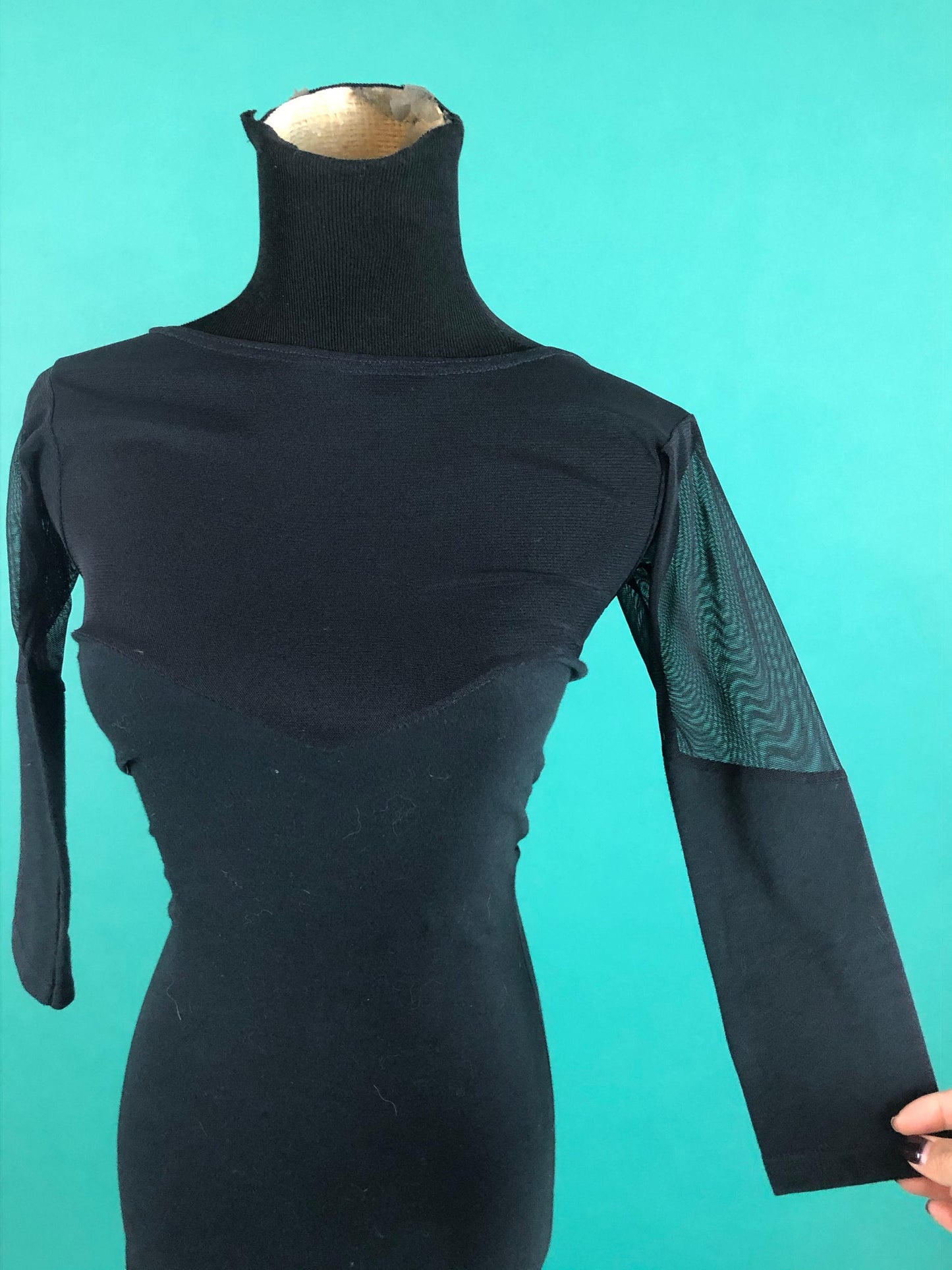 Black Cutout Sheer Sweetheart Dress Vintage 90s Bodycon Fly Girl Long Sleeve Silhouette Cocktail Party Dress size XXS