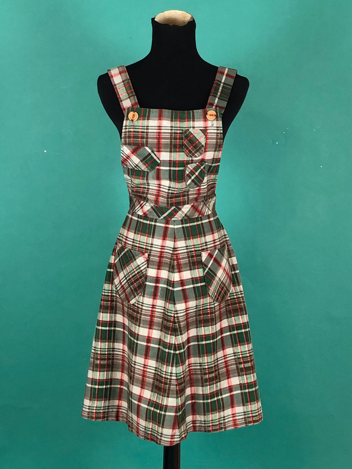 Pleated Overall Madras Plaid Jumper Vintage 70s School girl Overall Skirt Pocketed Cross Strap Apron Dress size XS
