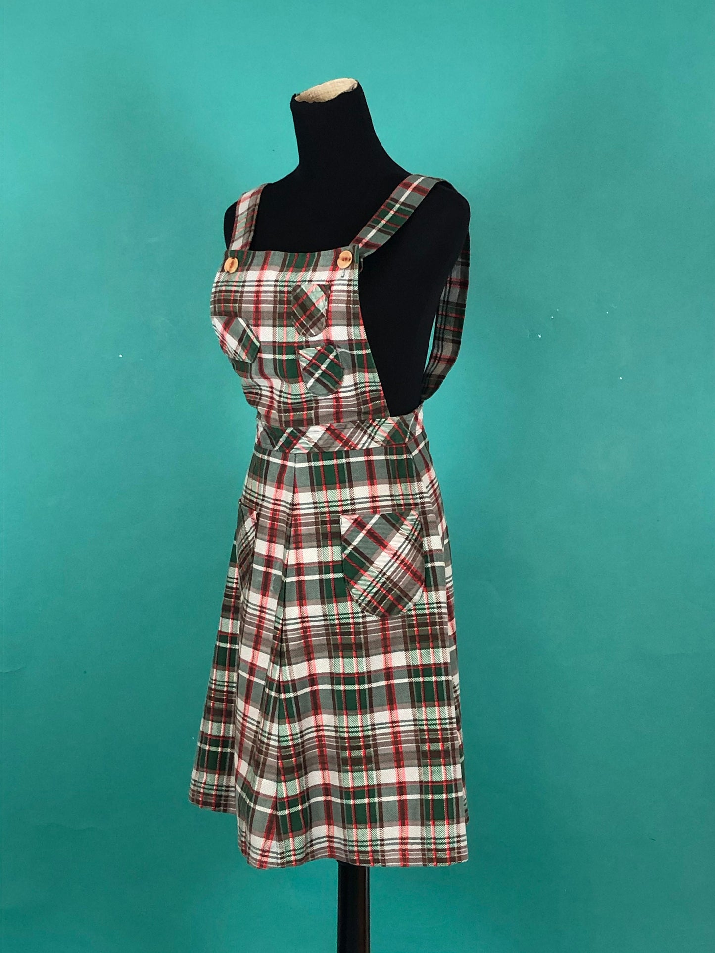Pleated Overall Madras Plaid Jumper Vintage 70s School girl Overall Skirt Pocketed Cross Strap Apron Dress size XS