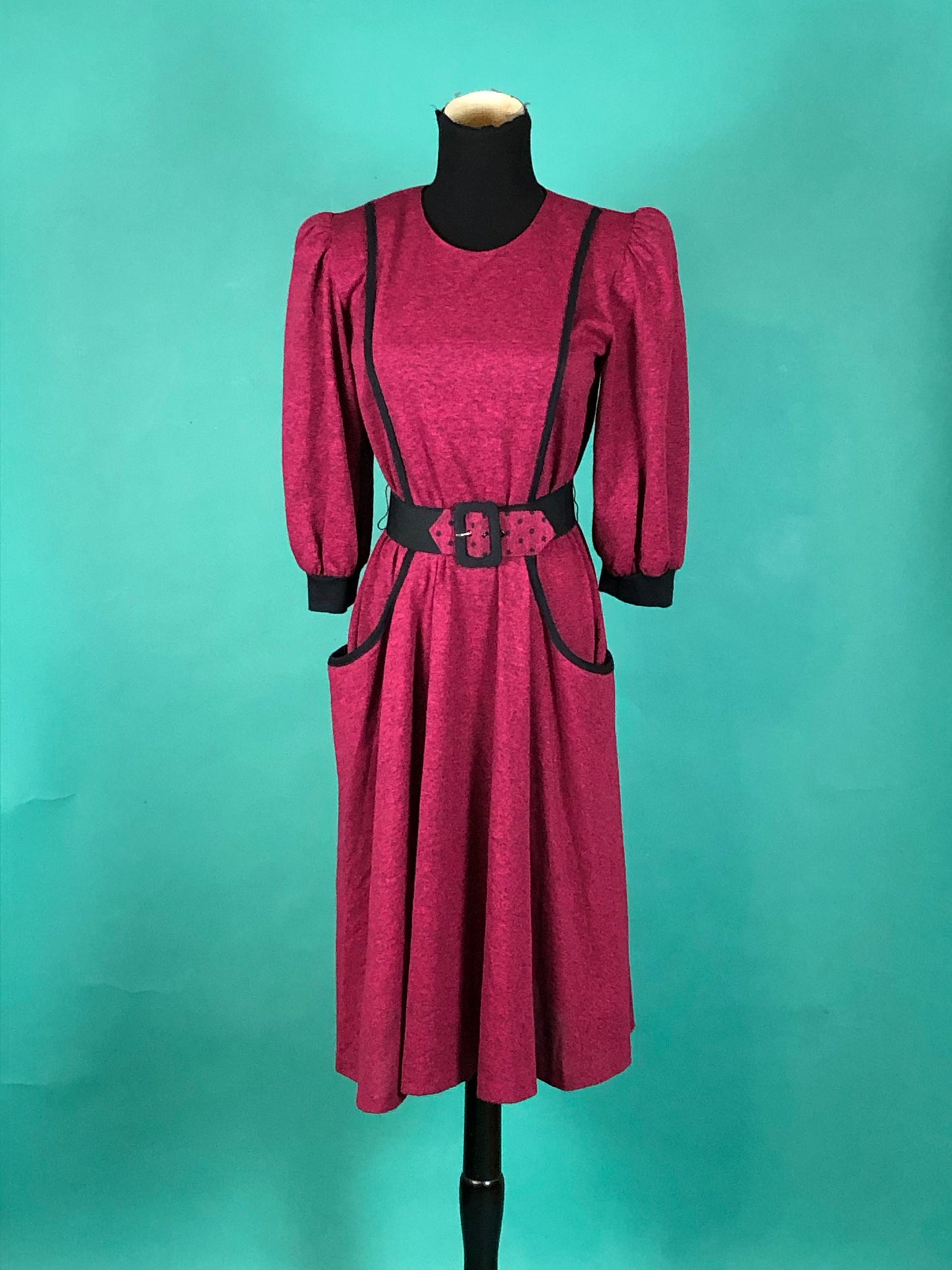 Henley Magenta and Black Midi Dress Vintage 80s Pocketer Quarter Sleeve Blouson Fit and Flare Sabino Petites Dress size 6