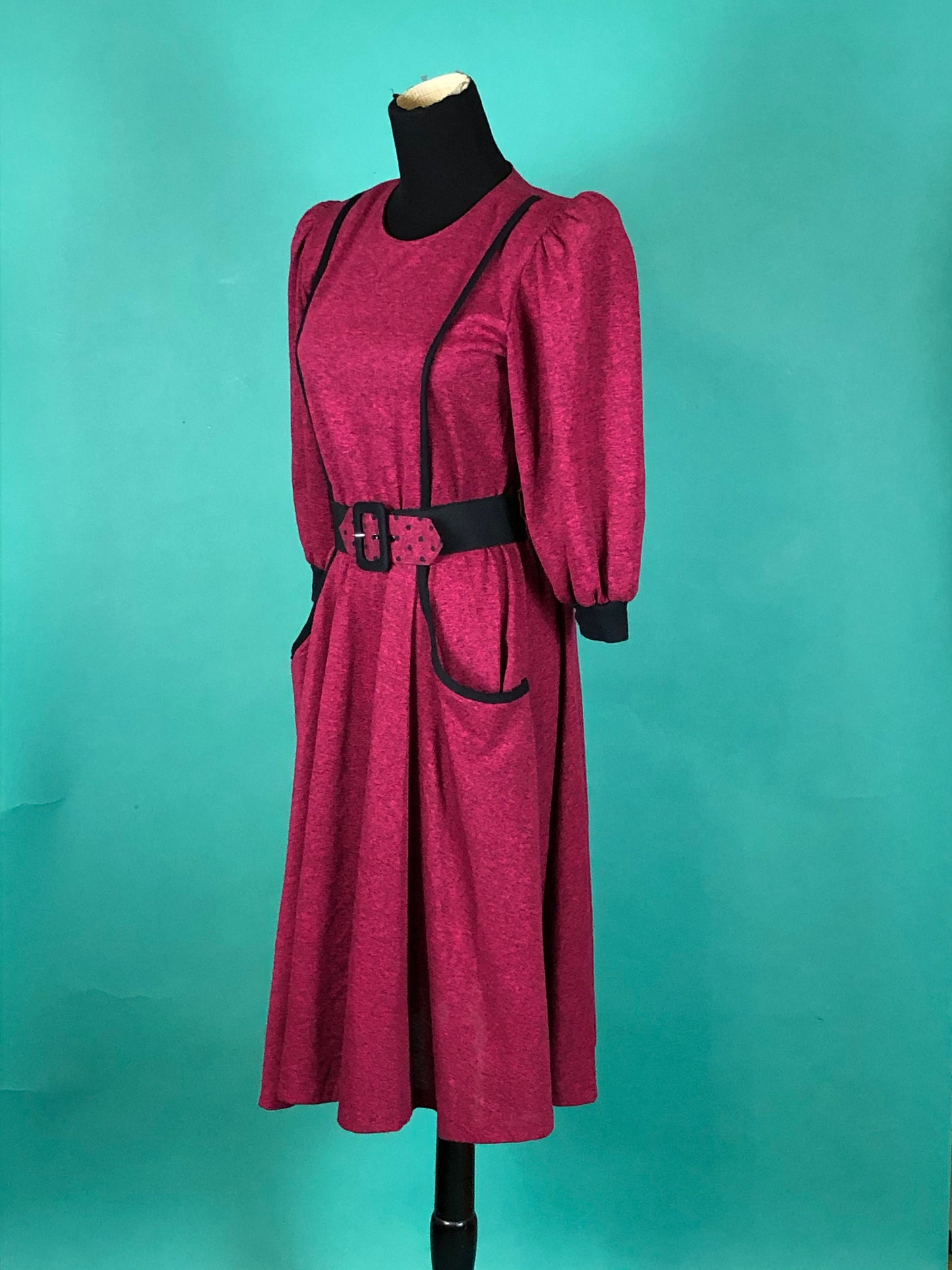 Henley Magenta and Black Midi Dress Vintage 80s Pocketer Quarter Sleeve Blouson Fit and Flare Sabino Petites Dress size 6