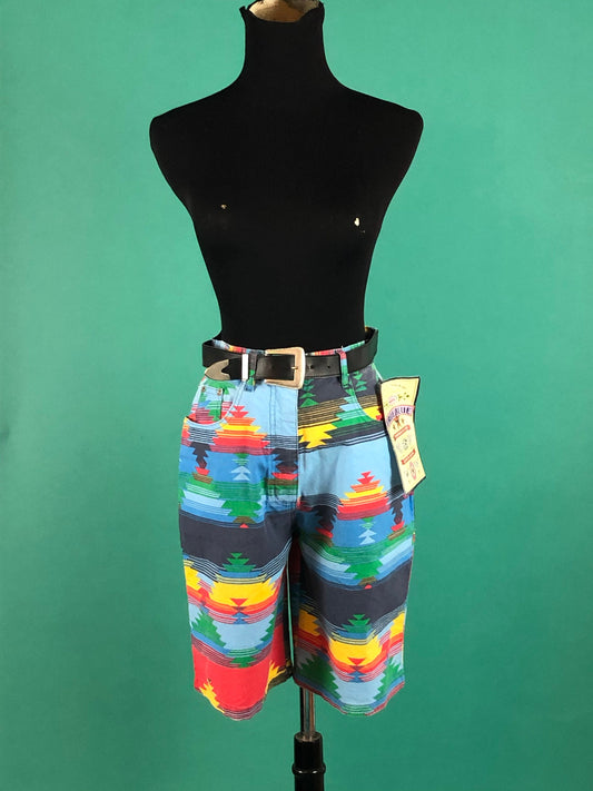 True Blue Bright Southwestern Print Shorts Vintage 90s Mint Condition Bermuda Belted Pocketed Cotton Long Shorts size 7/8