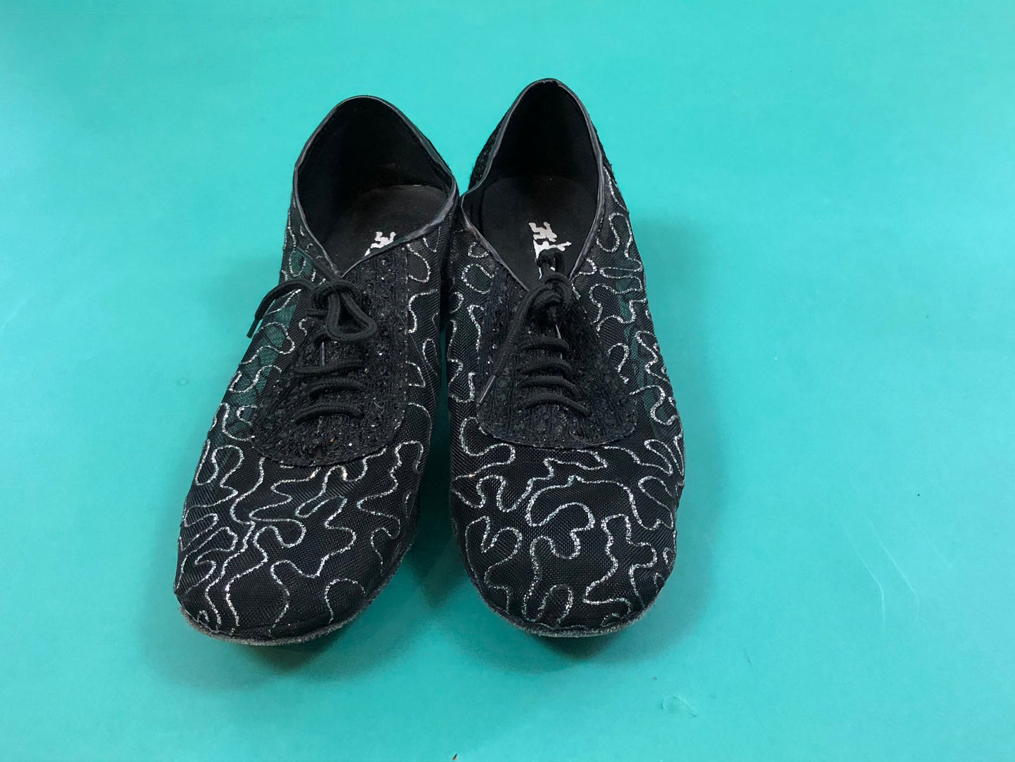 Mesh Silver Squiggle Shoes Vintage 80s Kitten Chunk Heel Lace up Black Dance Mary Janes size 6