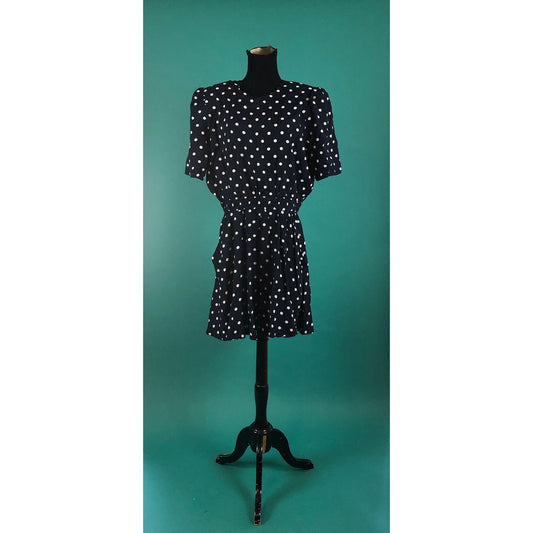Polka Dot Pocket Dress Vintage 90s Ms Chaus Short Sleeve Shoulder Pad Back Button Blouson Sun Dress size 16 W XL