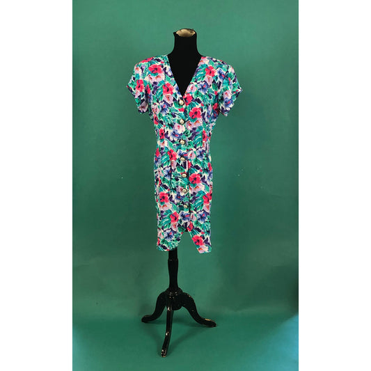 Pearl Button Up Hawaiian Tropical Hibiscus Flower Pattern Vintage 90s Short Sleeve Grunge La Belle Midi Shift Dress size 11