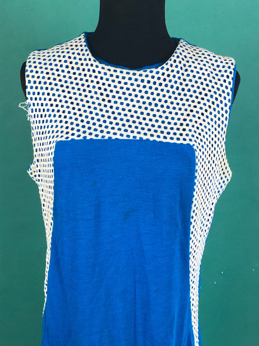 Electric Blue and White Netted Collar Vintage 70s Shoulder Sleeveless Comfy Casual Summer Space Girl Dress size Medium